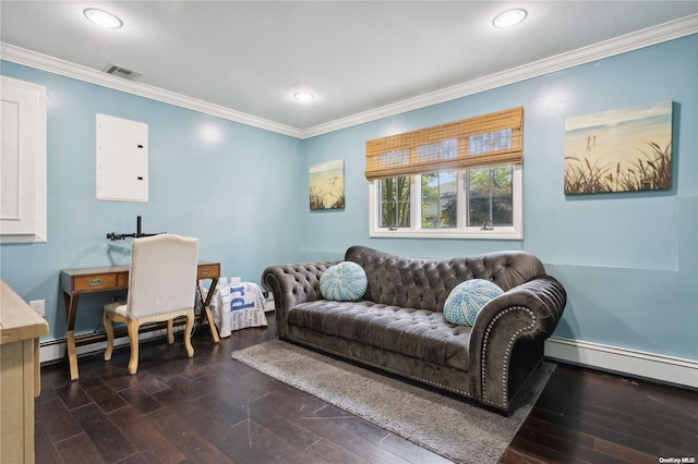 living room featuring ornamental molding, dark wood-type flooring, electric panel, and a baseboard radiator