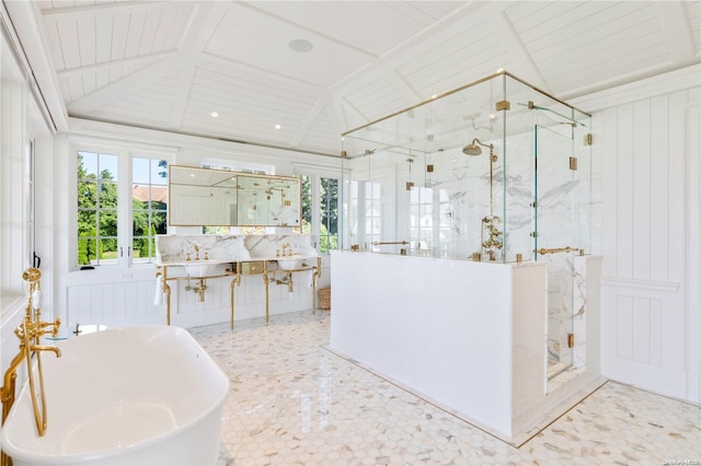 bathroom featuring independent shower and bath, sink, wood ceiling, and lofted ceiling