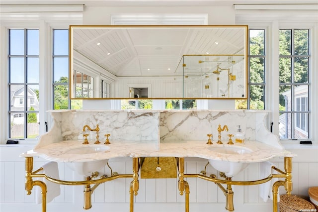 interior space featuring a shower with shower door and sink