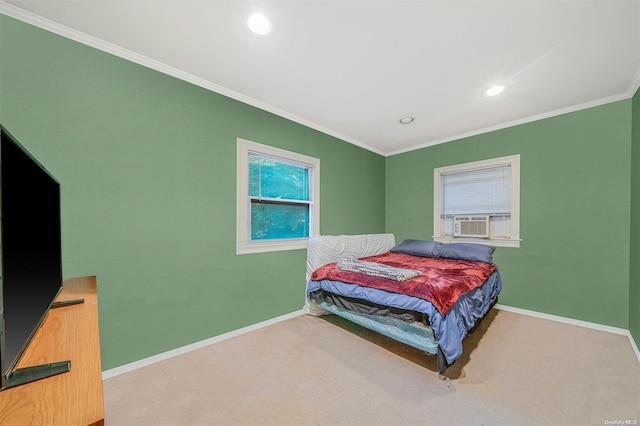 carpeted bedroom featuring cooling unit and crown molding