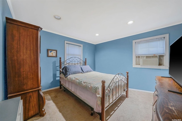 bedroom featuring cooling unit, light colored carpet, and ornamental molding