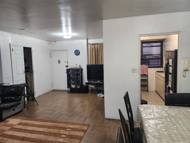 living room featuring light parquet flooring