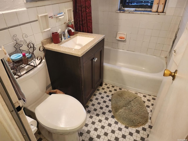 full bathroom with vanity, toilet, shower / bathtub combination with curtain, and tile walls