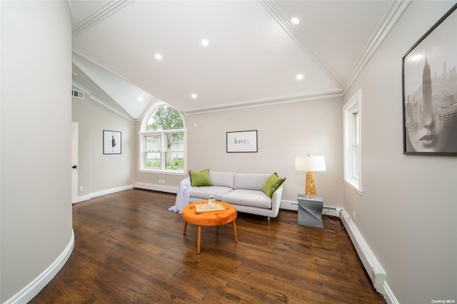 living room with dark hardwood / wood-style floors, lofted ceiling, ornamental molding, and a baseboard radiator