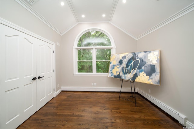 living area featuring baseboard heating, crown molding, dark wood-type flooring, and lofted ceiling