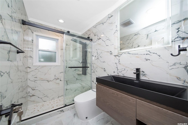 bathroom featuring vanity, crown molding, toilet, tile walls, and walk in shower