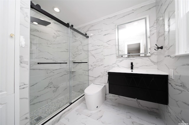 bathroom with toilet, walk in shower, crown molding, and tile walls