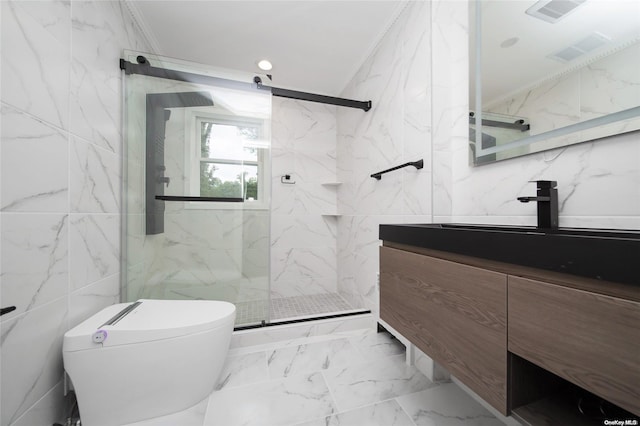 bathroom featuring vanity, toilet, ornamental molding, and tile walls