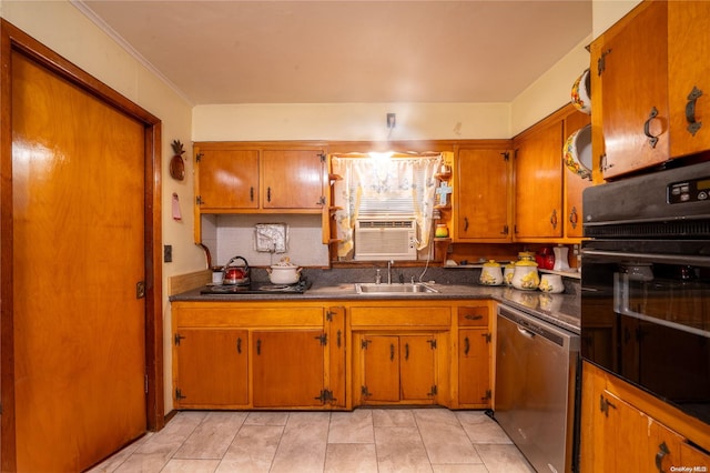 kitchen featuring black appliances, cooling unit, sink, ornamental molding, and light tile patterned floors