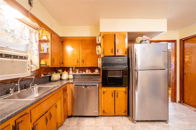 kitchen featuring cooling unit, light tile patterned floors, sink, and appliances with stainless steel finishes