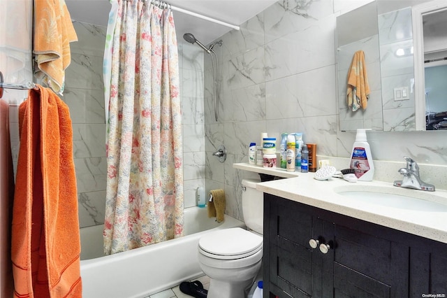 full bathroom with toilet, vanity, and shower / bath combination with curtain