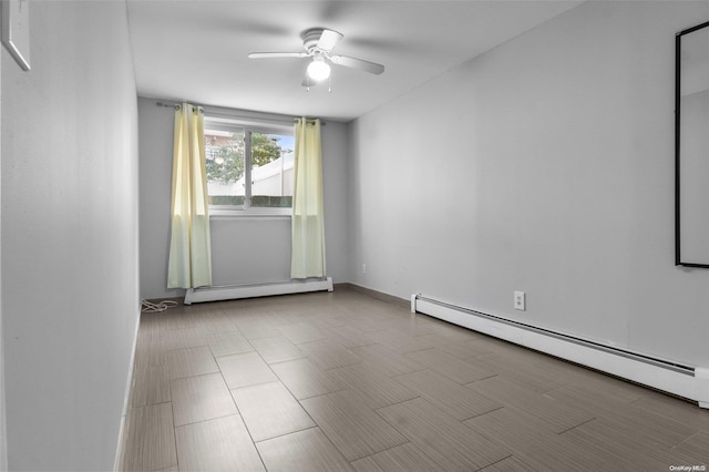 spare room featuring ceiling fan and a baseboard radiator