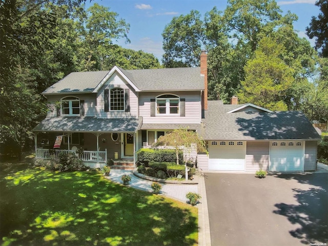 view of front of home featuring covered porch, a garage, and a front lawn