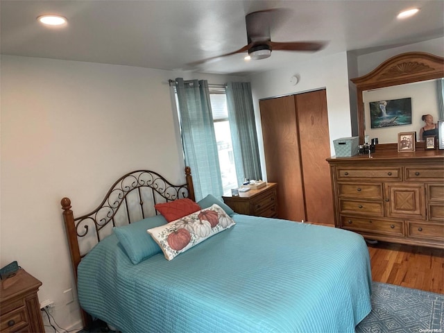 bedroom featuring ceiling fan, a closet, and wood-type flooring