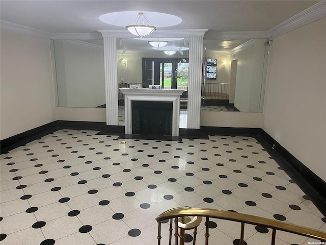 living room with french doors and ornamental molding