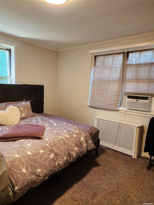 carpeted bedroom featuring radiator heating unit, cooling unit, and crown molding