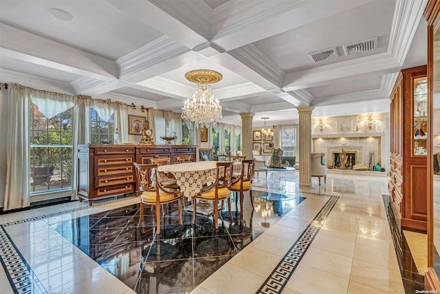 dining area featuring beamed ceiling, crown molding, coffered ceiling, and decorative columns