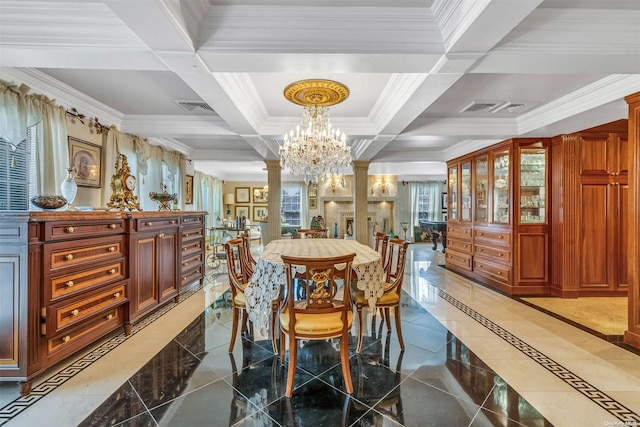 dining area with beam ceiling, crown molding, coffered ceiling, and an inviting chandelier