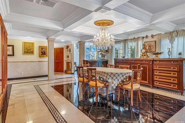 dining area with coffered ceiling, ornate columns, beamed ceiling, and a chandelier