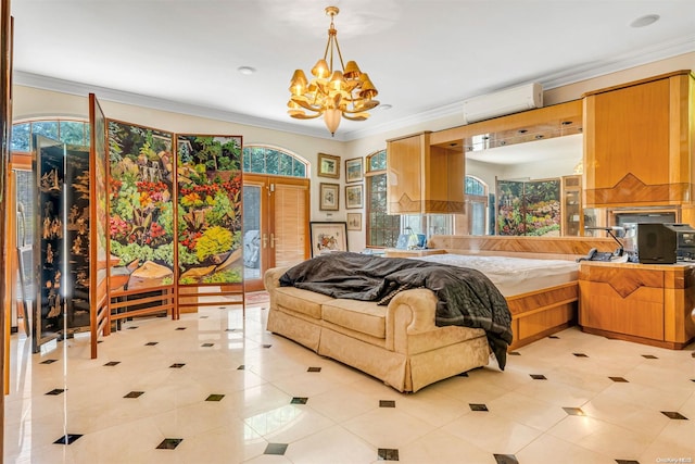 tiled bedroom featuring an AC wall unit, multiple windows, and crown molding