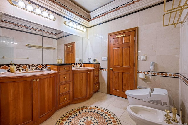 bathroom with tile patterned flooring, a bidet, tile walls, and ornamental molding