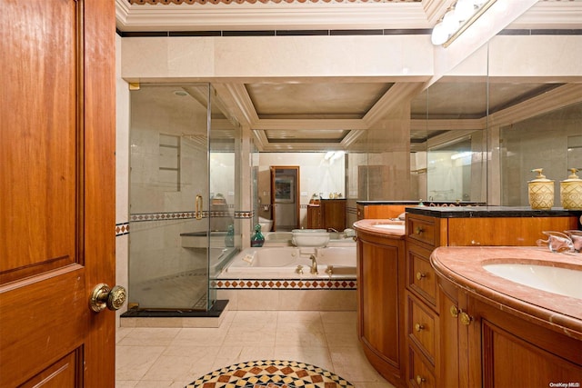 bathroom with vanity, separate shower and tub, and ornamental molding