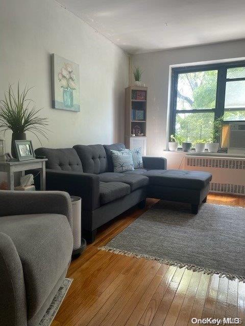 living room with radiator heating unit and hardwood / wood-style floors