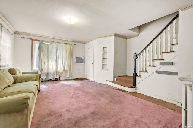 living room featuring carpet, a wall unit AC, and ornamental molding