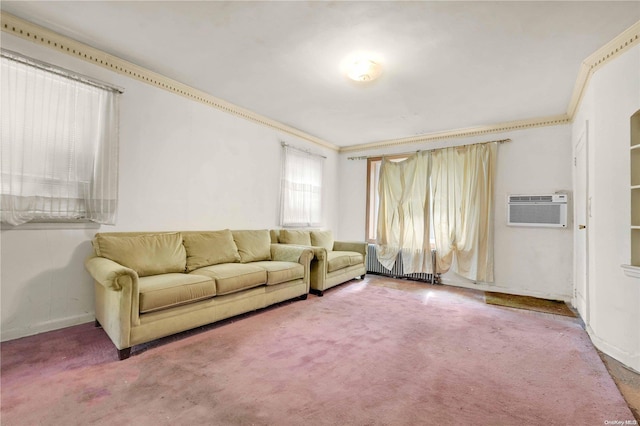 unfurnished living room featuring carpet floors, a wall unit AC, and ornamental molding