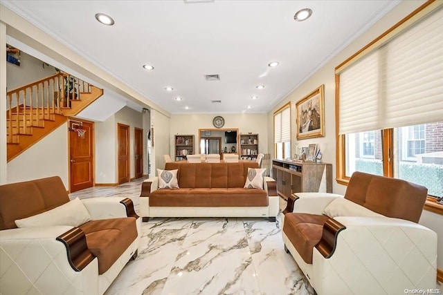 living room featuring ornamental molding