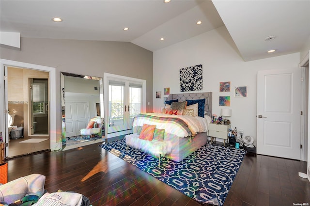 bedroom featuring ensuite bath, french doors, high vaulted ceiling, dark hardwood / wood-style floors, and access to outside