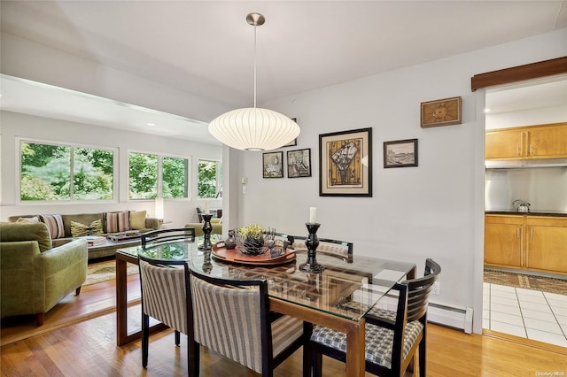 dining room featuring a baseboard radiator and light hardwood / wood-style flooring