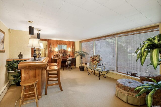 3 Pennington Dr, Huntington, NY 11743 - interior space with baseboard heating, carpet flooring, a dry bar, and wooden walls