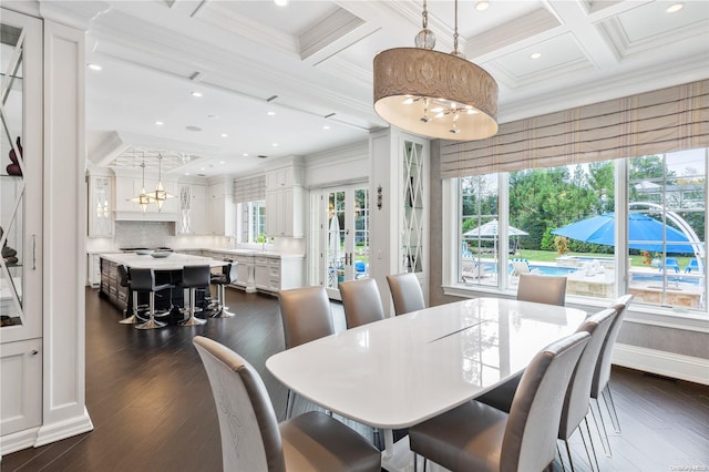 dining area with beam ceiling, crown molding, coffered ceiling, and dark hardwood / wood-style floors