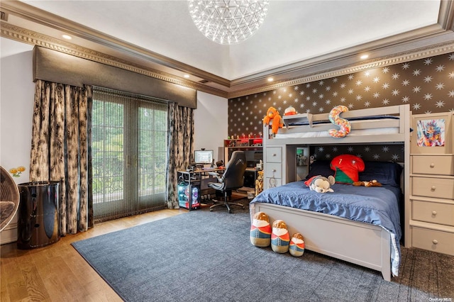 bedroom with crown molding and light wood-type flooring