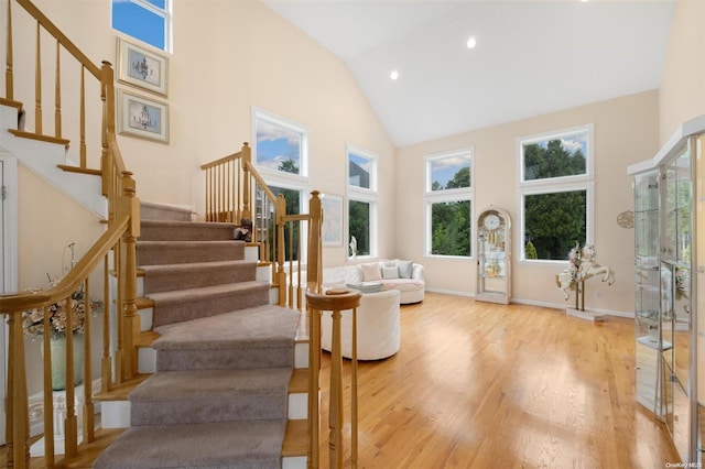 interior space featuring high vaulted ceiling, a healthy amount of sunlight, and wood-type flooring