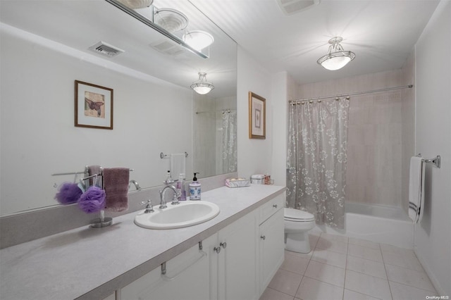 full bathroom with tile patterned flooring, vanity, toilet, and shower / tub combo with curtain