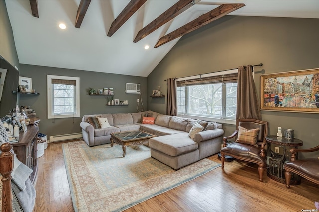 living room with a wall mounted air conditioner, a baseboard heating unit, high vaulted ceiling, light hardwood / wood-style flooring, and beamed ceiling