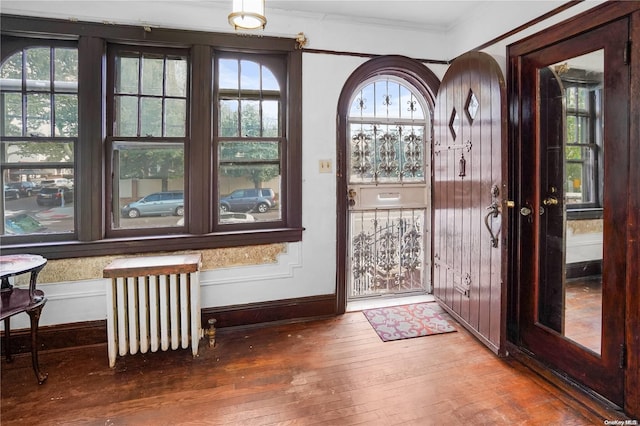 doorway with a healthy amount of sunlight, wood-type flooring, radiator heating unit, and crown molding