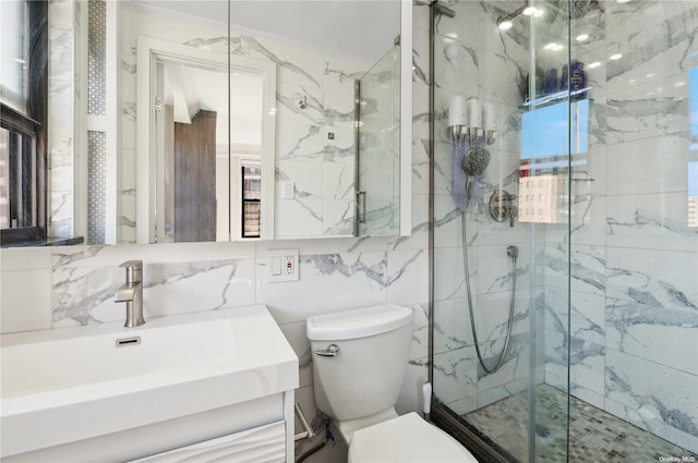 bathroom with walk in shower, toilet, decorative backsplash, vanity, and tile walls