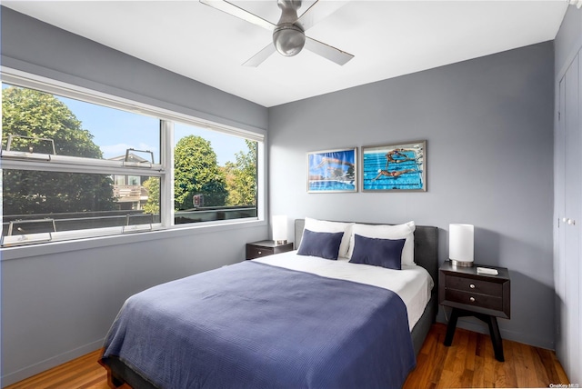 bedroom with dark hardwood / wood-style flooring and ceiling fan