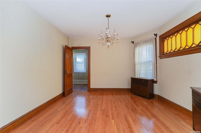 spare room featuring light wood-type flooring, baseboard heating, and a wealth of natural light