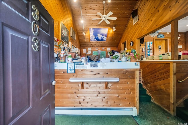 bar featuring wood ceiling, dark carpet, lofted ceiling, and wooden walls