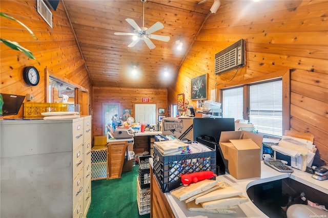 carpeted office featuring wooden ceiling, vaulted ceiling, ceiling fan, and wooden walls