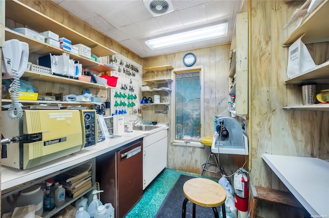 miscellaneous room featuring wood walls and sink