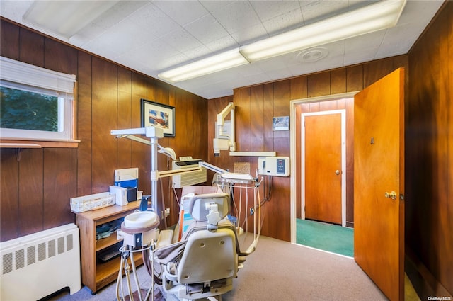 miscellaneous room featuring radiator, light carpet, and wooden walls