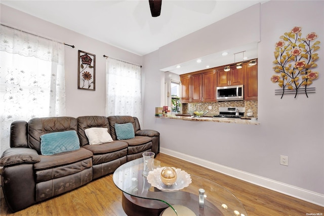 living room with hardwood / wood-style floors and ceiling fan