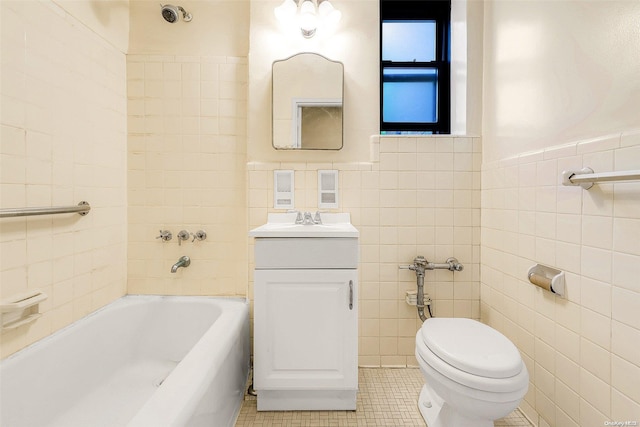 bathroom featuring tile patterned flooring, vanity, toilet, and tile walls