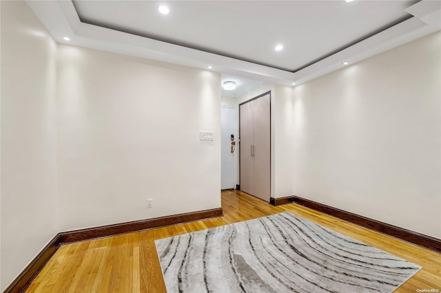 spare room featuring a tray ceiling and light hardwood / wood-style floors