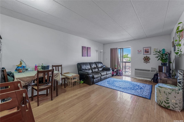 living room with light hardwood / wood-style floors and a textured ceiling